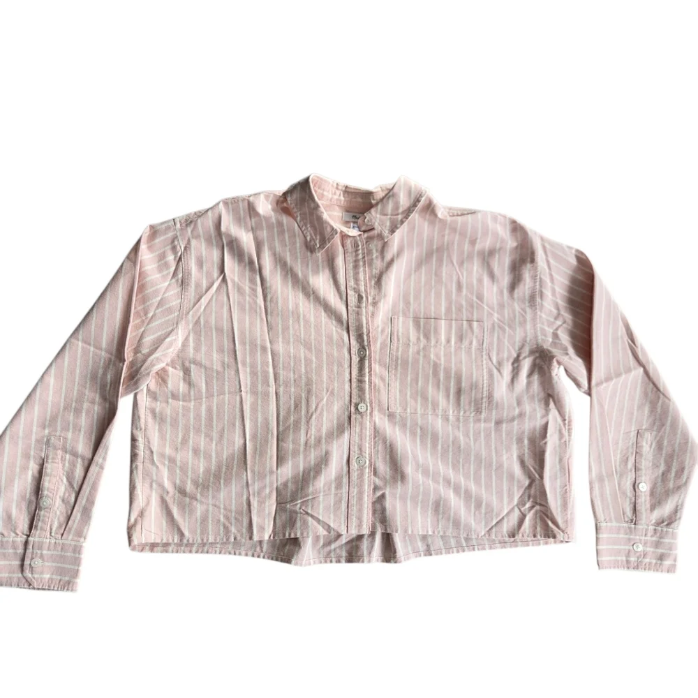 Madewell Signature Oxford Pink Striped Cropped Button-Up Shirt Medium - Picture 2 of 8